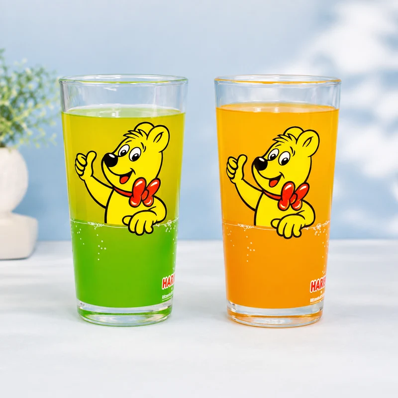 HARIBO Trinkglas Goldbär Motiv | 380 ml Glas in Orange oder Grün für Kinder, Erwachsene & Fans