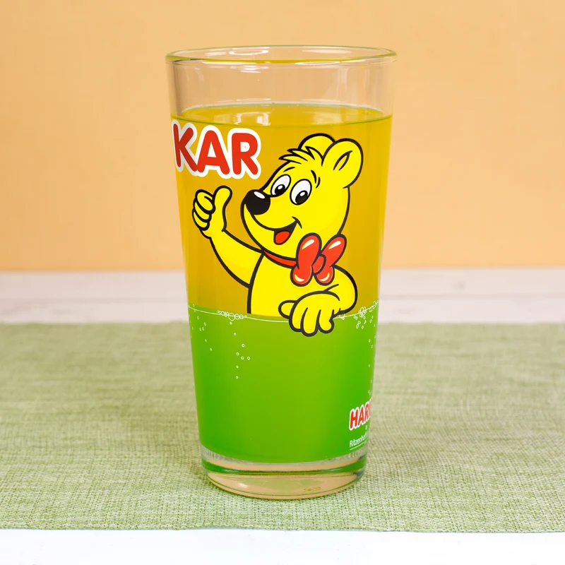 HARIBO Trinkglas Goldbär Motiv | 380 ml Glas in Orange oder Grün für Kinder, Erwachsene & Fans