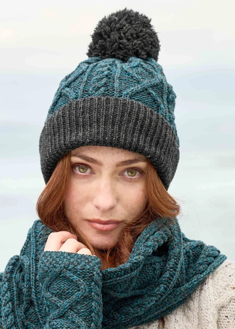 Two Tone Aran Pom Pom Hat – Peacock & Charcoal