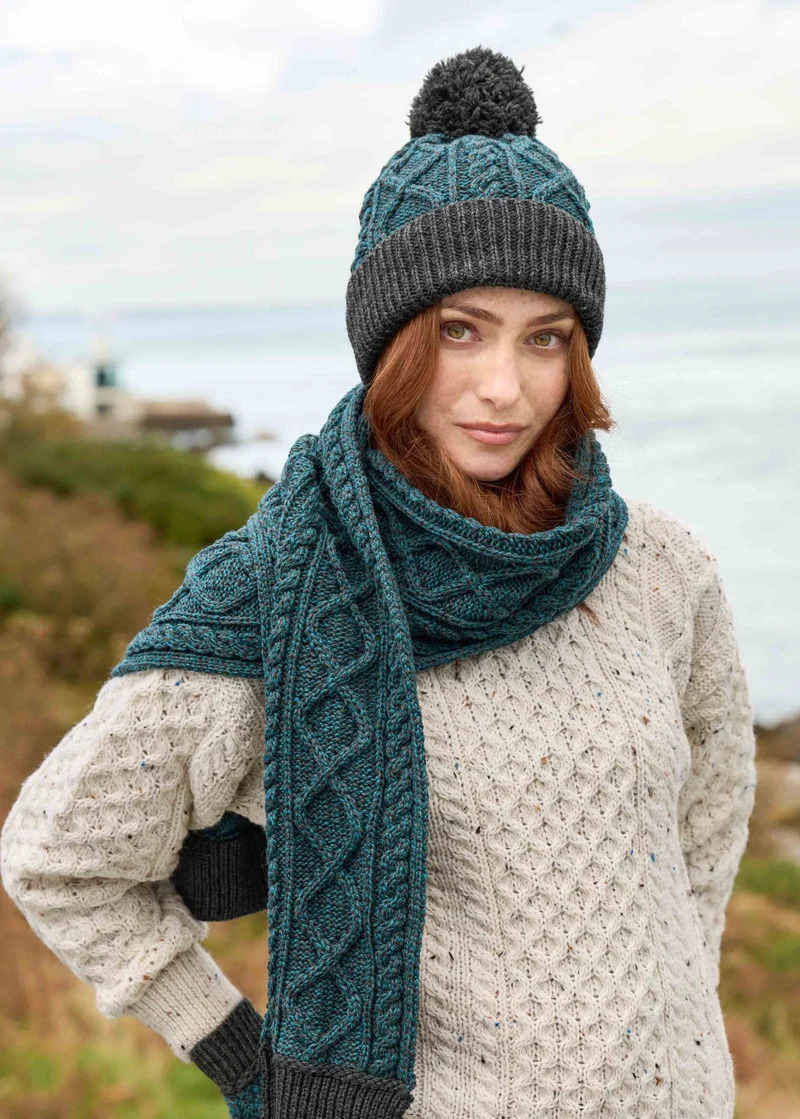 Two Tone Aran Pom Pom Hat – Peacock & Charcoal