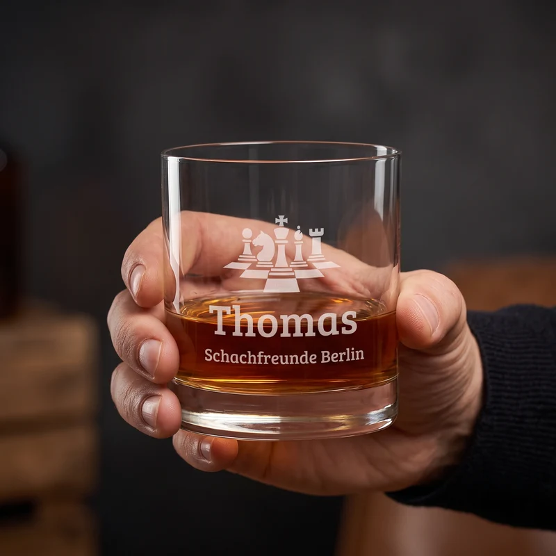 Whisky Glas für Schachspieler personalisiert mit Gravur | Whiskeyglas mit Schachfiguren Motiv