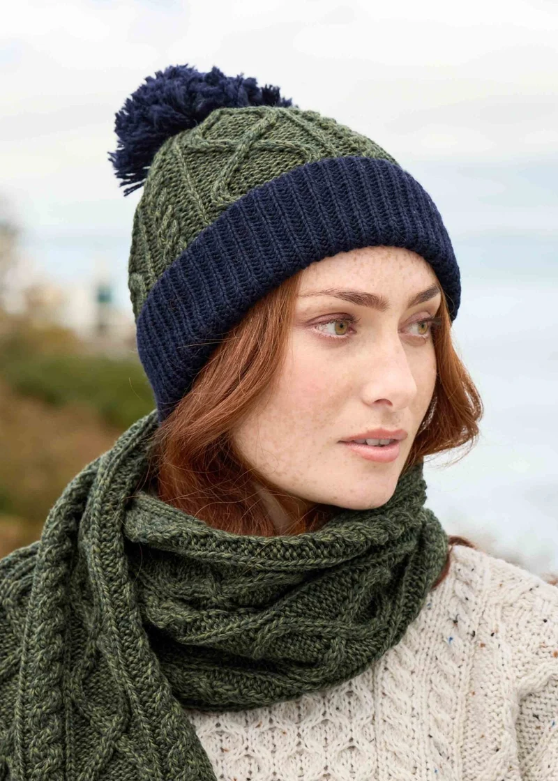 Two Tone Aran Pom Pom Hat | Army Green & Navy