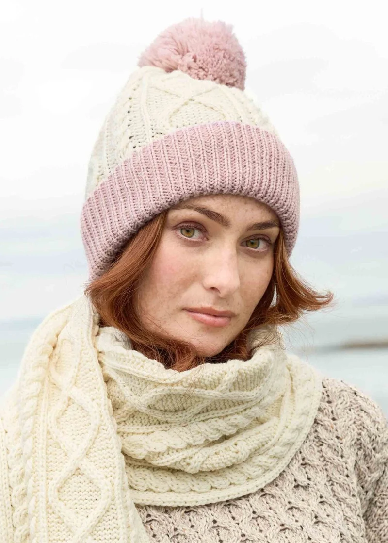 Two Tone Aran Pom Pom Hat | Natural & Pink