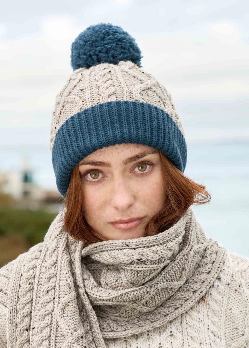Two Tone Aran Pom Pom Hat | Oatmeal & Mallard