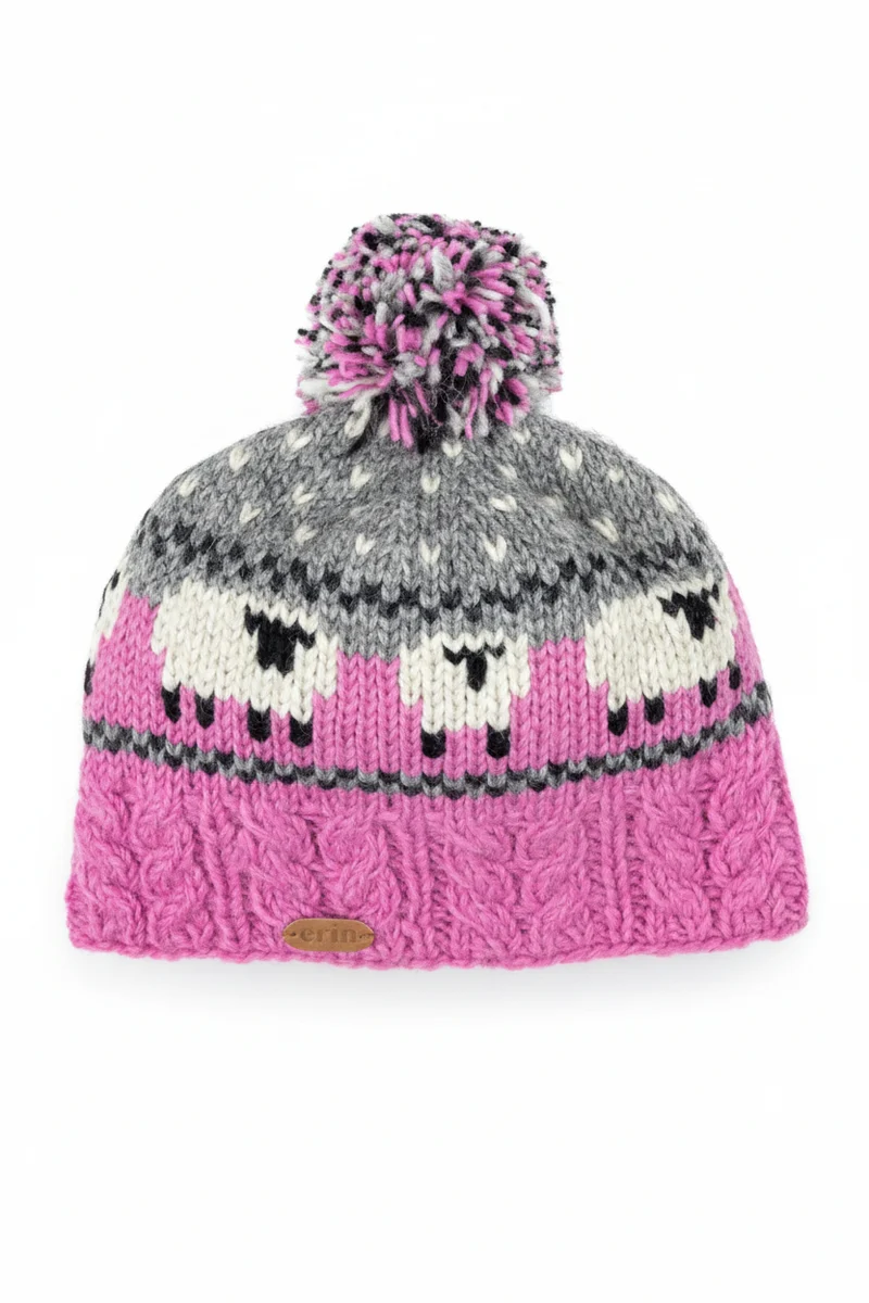 Erin Aran Sheep Bobble Hat | Pink & Grey