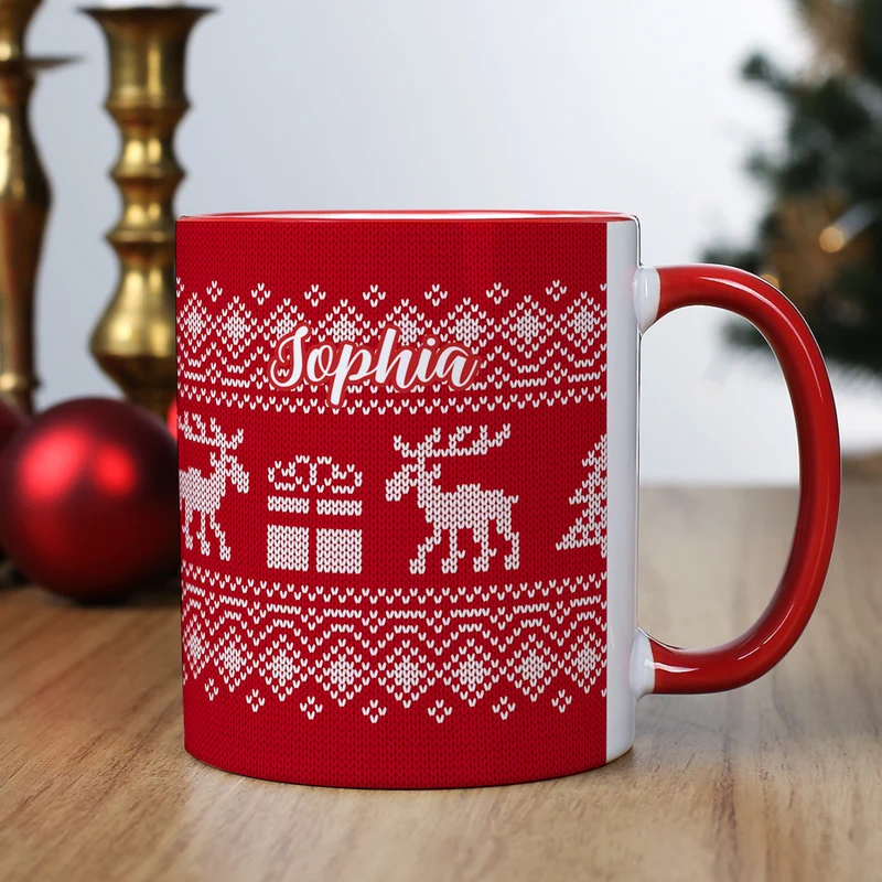 Personalisierte Tasse mit Name zu Weihnachten | Weihnachtstasse in Strick-Optik