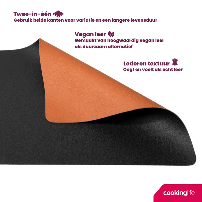 Cookinglife 6 Platzsets + 6 Untersetzer - Doppelseitig - Veganes Leder - Schwarz / Cognac - 12 Stück