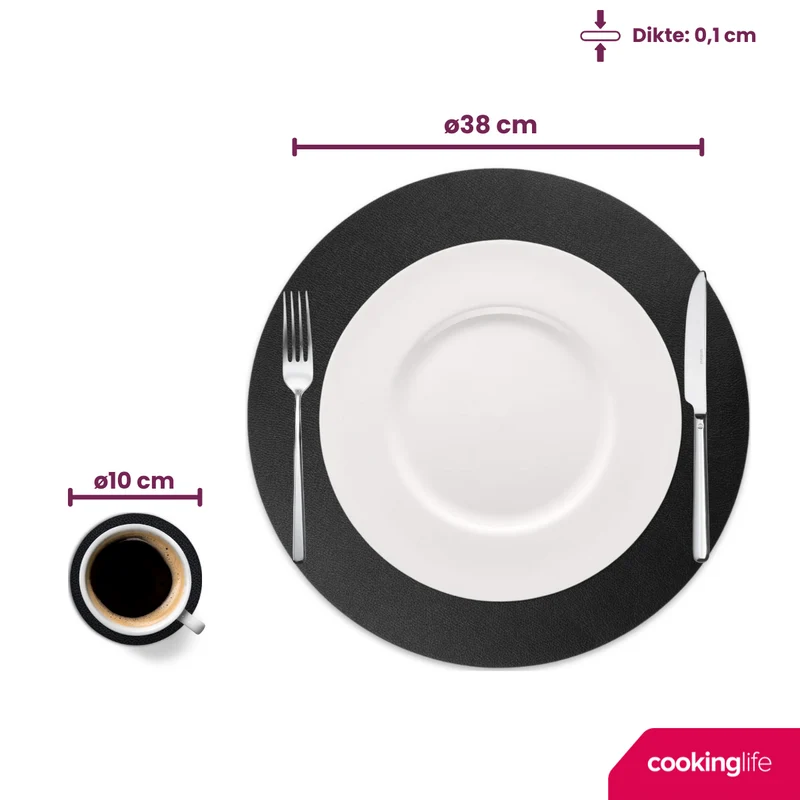 Cookinglife 6 Platzsets + 6 Untersetzer - Rund - Veganes Leder - Schwarz - 12 Stück