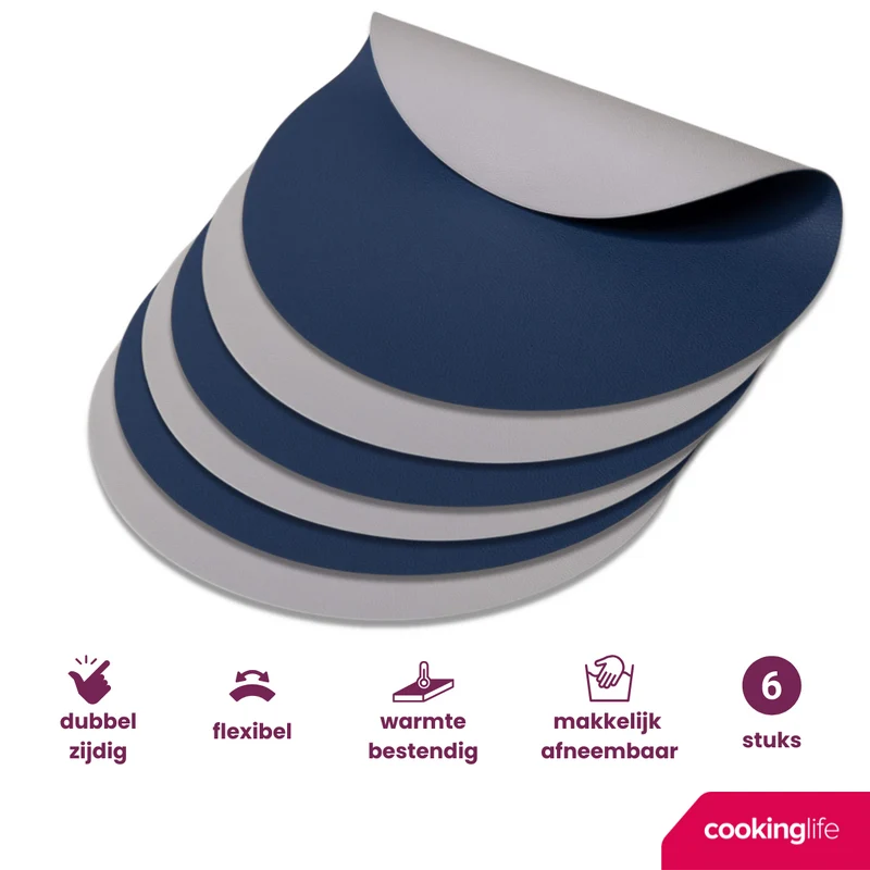 Cookinglife Tischsets - Doppelseitig - Veganes Leder - Grau / Blau ø 38 cm - 6 Stück