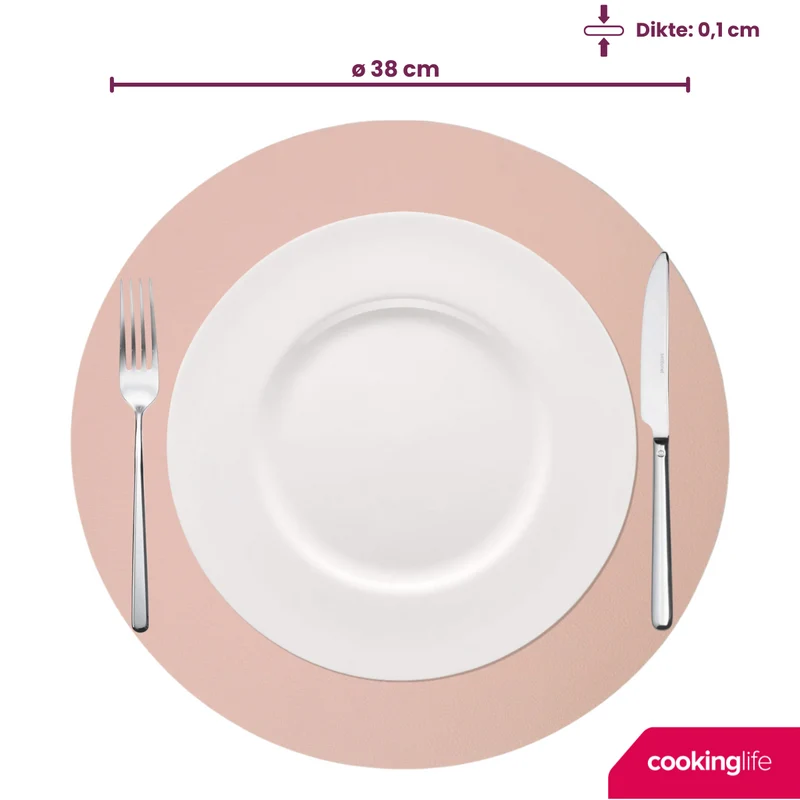 Cookinglife Tischsets - Doppelseitig - Veganes Leder - Grau / Rosa ø 38 cm - 6 Stück