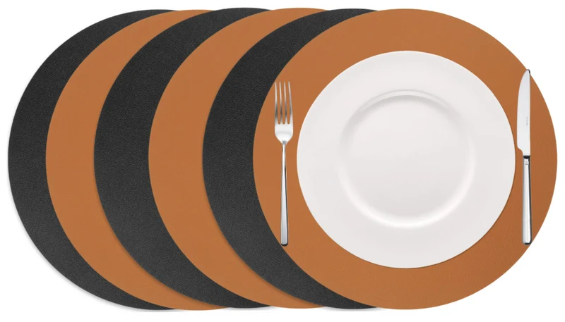 Cookinglife Tischsets - Doppelseitig - Veganes Leder - Cognac / Schwarz ø 38 cm - 6 Stück