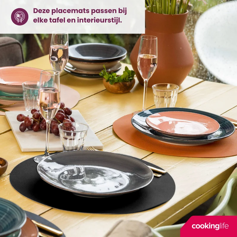 Cookinglife Tischsets - Doppelseitig - Veganes Leder - Cognac / Schwarz ø 38 cm - 6 Stück