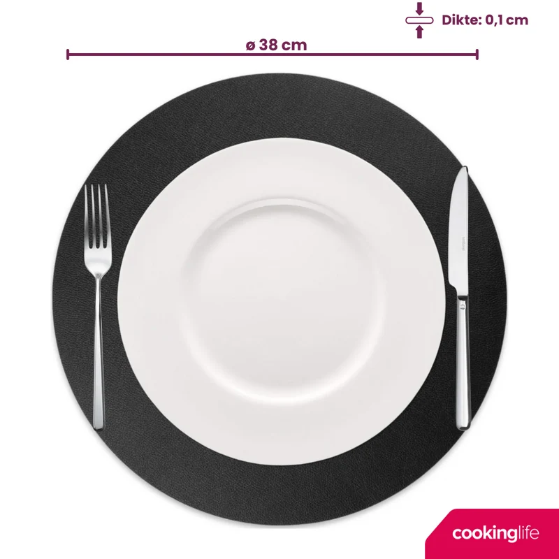 Cookinglife Tischsets - Doppelseitig - Veganes Leder - Cognac / Schwarz ø 38 cm - 6 Stück