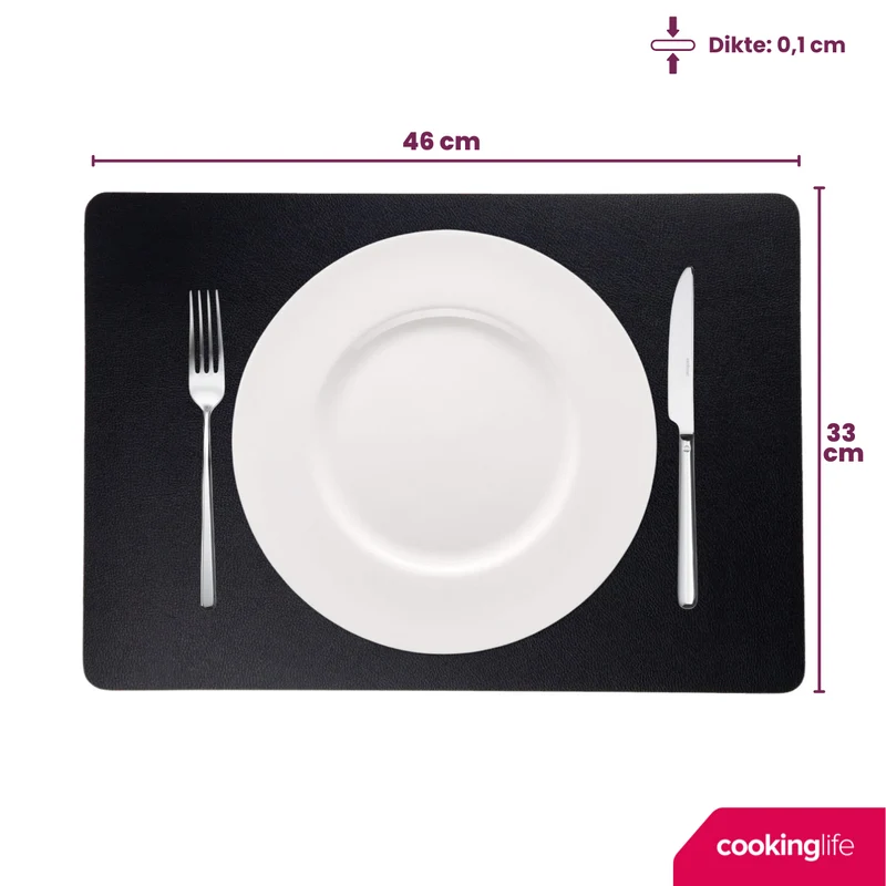 Cookinglife Tischsets - Veganes Leder - Schwarz - 46 x 33 cm - 6 Stück