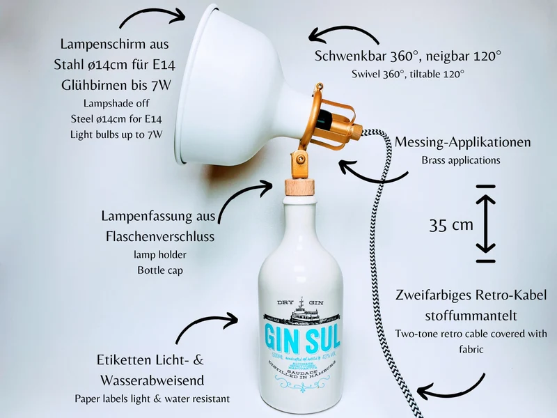 Gin Sul Vintage-Lampe | Handgemachte Upcycling Tischlampe aus Gin Sul | Einzigartige Geschenkidee | Retro Deko-Licht | Upcycling Leuchte