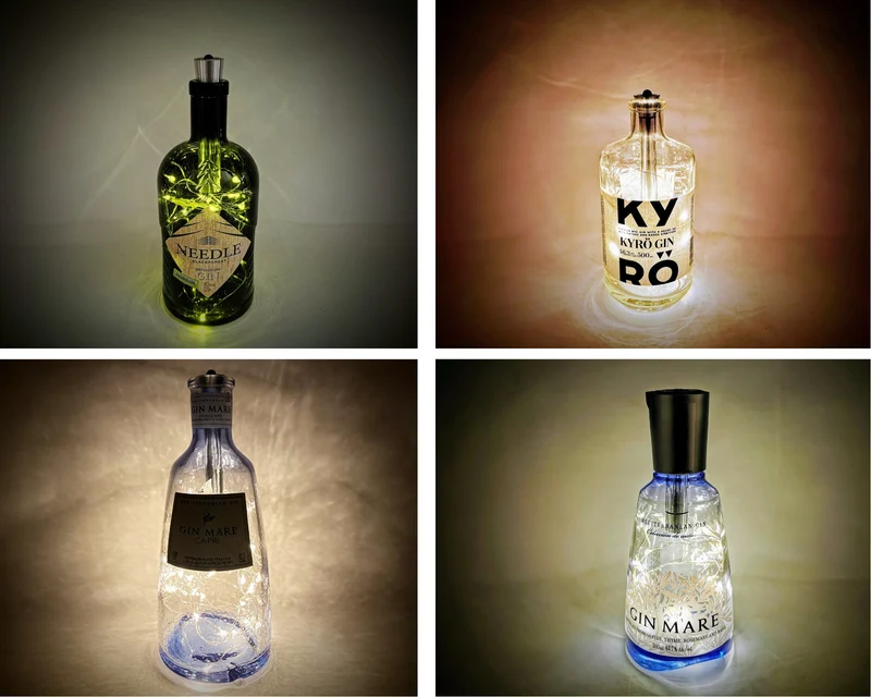 Gin-Glow LED-Flaschenlampe | Magische Upcycling Gin-Flaschen mit LED-Licht & Timer | Stimmungsvolle Deko für Bar, Vitrine, Wohnzimmer