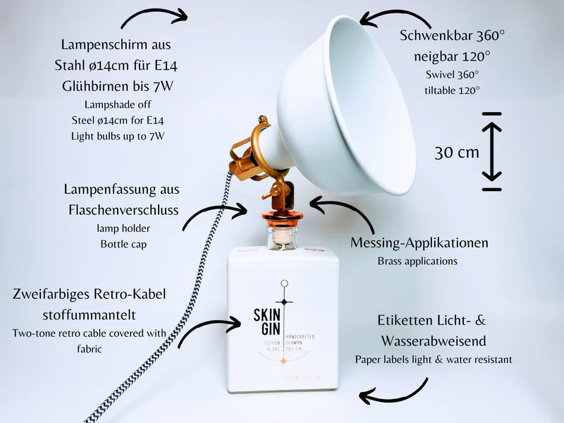 Skin Gin Vintage-Lampe | Handgemachte Tischlampe aus Skin Gin Flaschen | Einzigartige Geschenkidee | Retro Deko-Licht | Upcycling Leuchte
