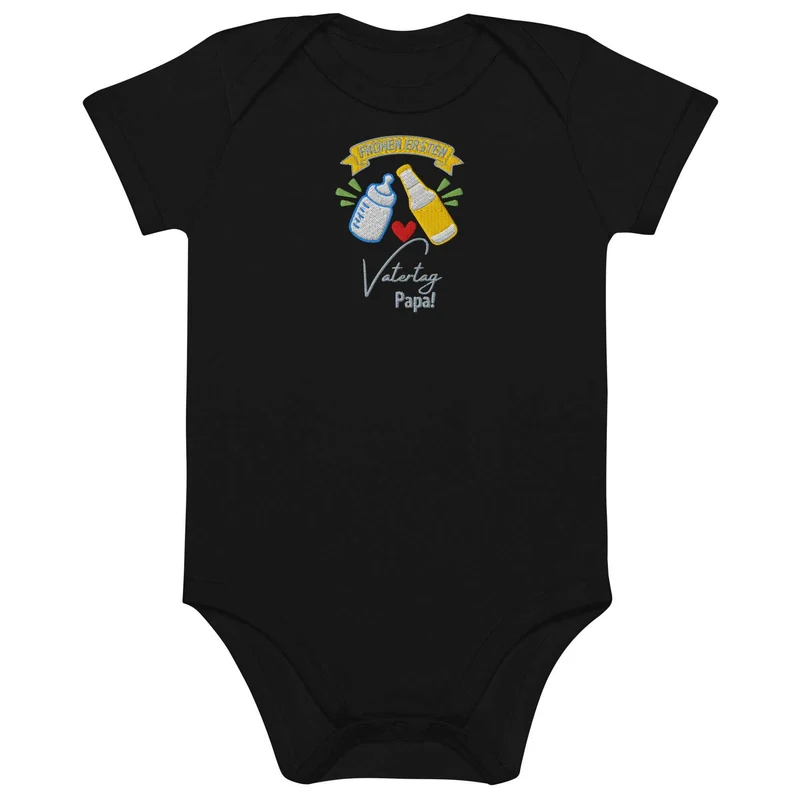 Bio Baby Body zum ersten Vatertag – Stick „Frohen ersten Vatertag Papa!“ - Bestickter Bio Baby-Strampler - Geschenk für Väter & Bier-Fans