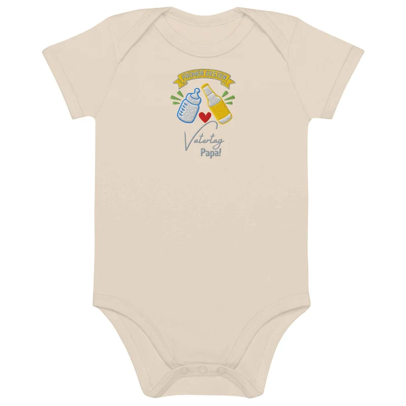 Bio Baby Body zum ersten Vatertag – Stick „Frohen ersten Vatertag Papa!“ - Bestickter Bio Baby-Strampler - Geschenk für Väter & Bier-Fans