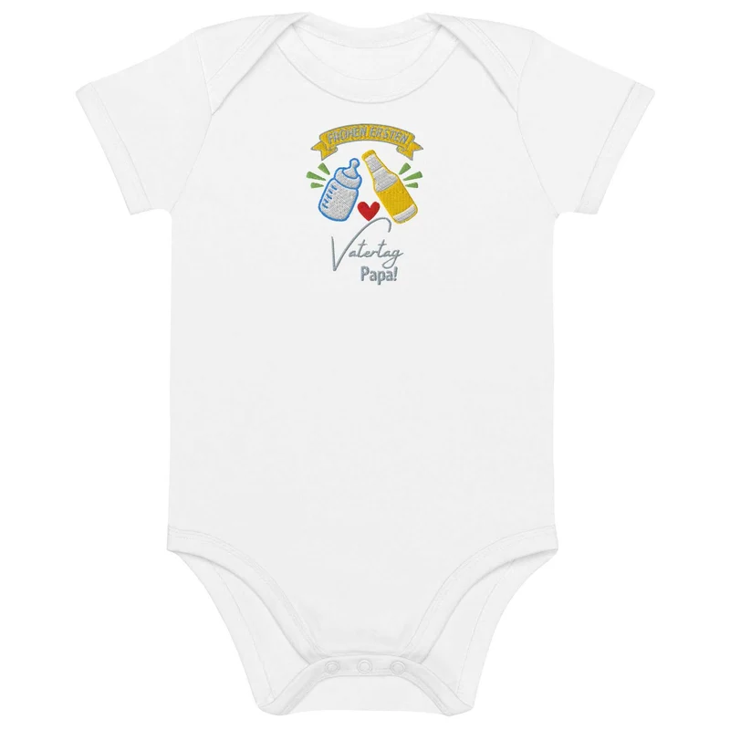 Bio Baby Body zum ersten Vatertag – Stick „Frohen ersten Vatertag Papa!“ - Bestickter Bio Baby-Strampler - Geschenk für Väter & Bier-Fans