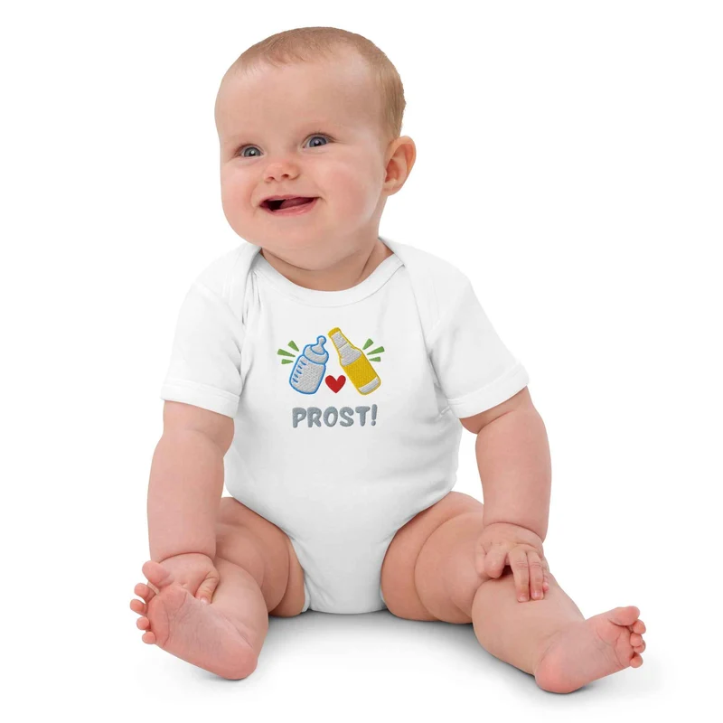 Baby Body mit Stick „Prost!“ – Bio Baumwolle – Geschenk für Bierliebhaber zum Papa-Werden