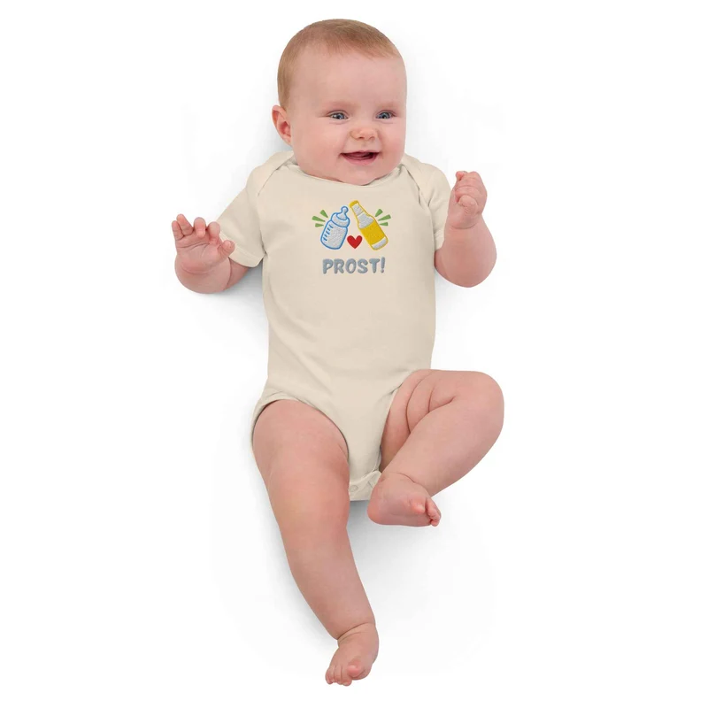 Baby Body mit Stick „Prost!“ – Bio Baumwolle – Geschenk für Bierliebhaber zum Papa-Werden