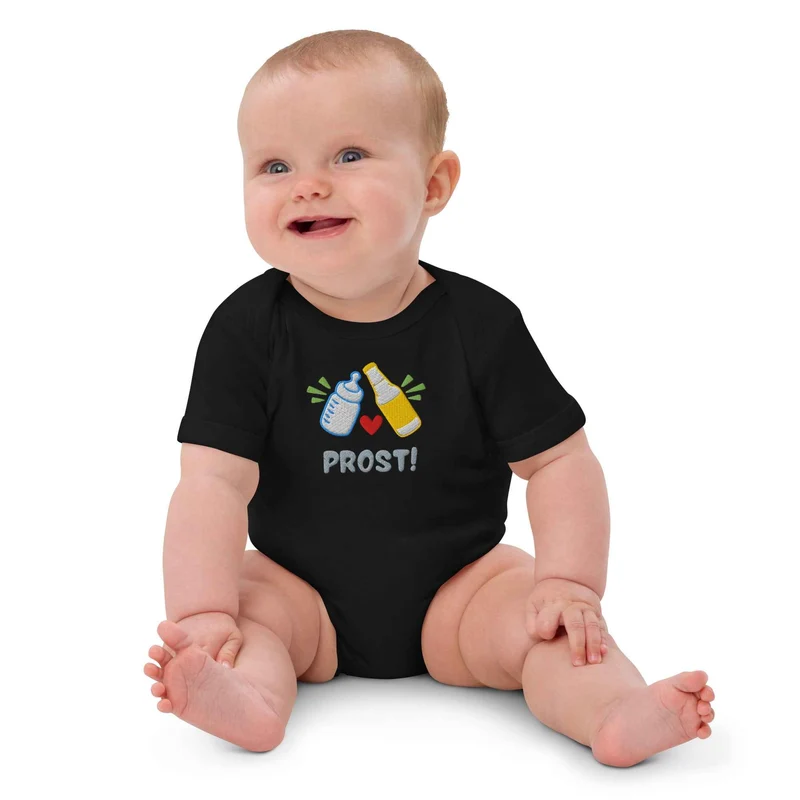 Baby Body mit Stick „Prost!“ – Bio Baumwolle – Geschenk für Bierliebhaber zum Papa-Werden