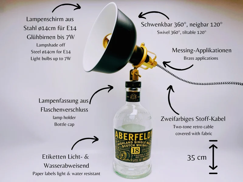 Aberfeldy Whisky Lampe | Handgemachte Upcycling Tischlampe aus Aberfeldy Whiskey | Einzigartige Geschenkidee | Deko-Licht | Schottland