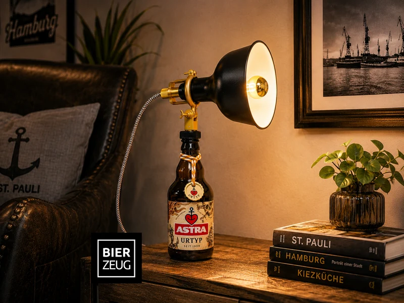 Astra Tischlampe aus echter Astra Bierflasche – Handgemachte Upcycling Retro Lampe mit warmem Licht – Geschenkidee für Hamburg St Pauli Fans