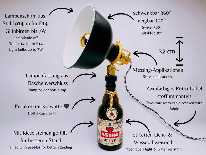 Astra Tischlampe aus echter Astra Bierflasche – Handgemachte Upcycling Retro Lampe mit warmem Licht – Geschenkidee für Hamburg St Pauli Fans