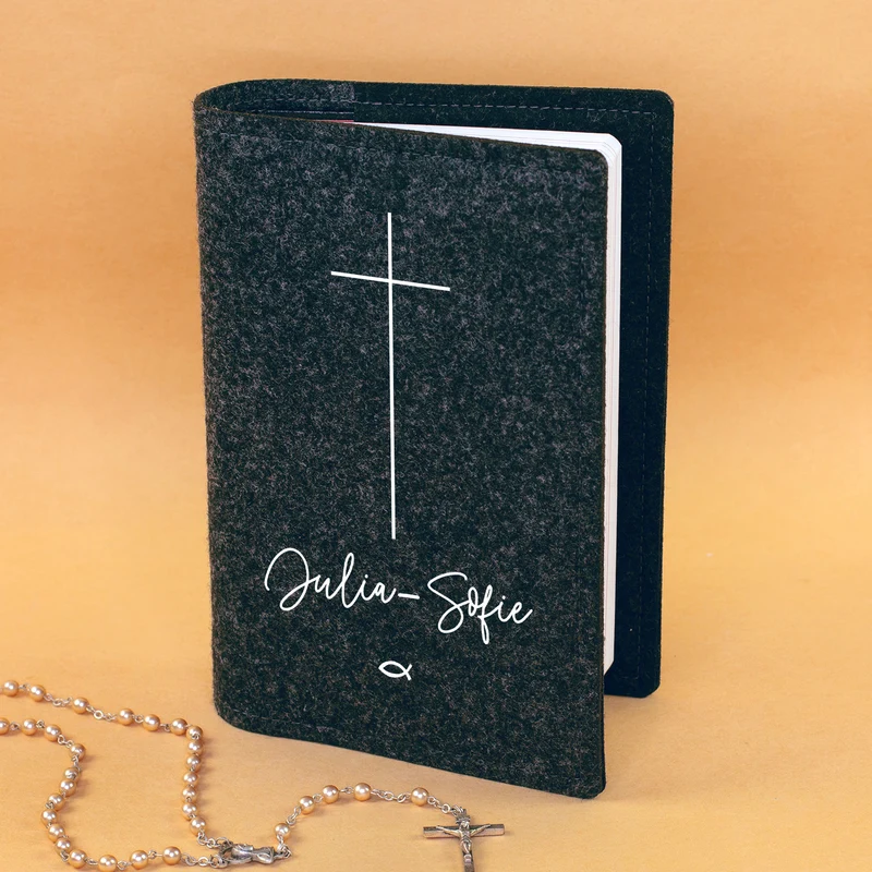 Buchhülle für Gotteslob mit Kreuz & Ichthys Fisch | Personalisierte Schutzhülle für Gesangbuch mit Name
