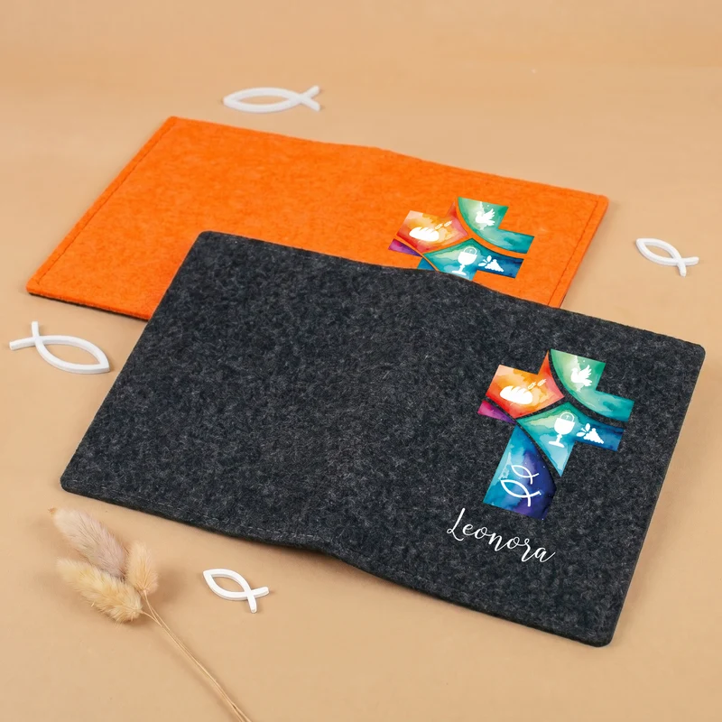 Personalisierte Buchhülle für Gotteslob & Gesangbuch mit Watercolor Kreuz | Anthrazit oder Orange