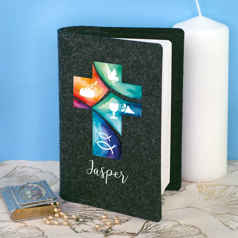 Personalisierte Buchhülle für Gotteslob & Gesangbuch mit Watercolor Kreuz | Anthrazit oder Orange