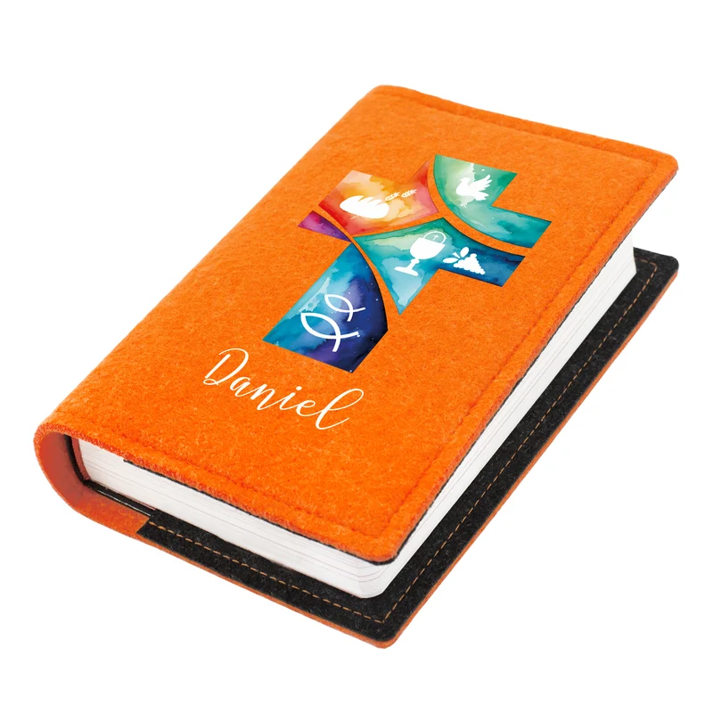 Personalisierte Buchhülle für Gotteslob & Gesangbuch mit Watercolor Kreuz | Anthrazit oder Orange