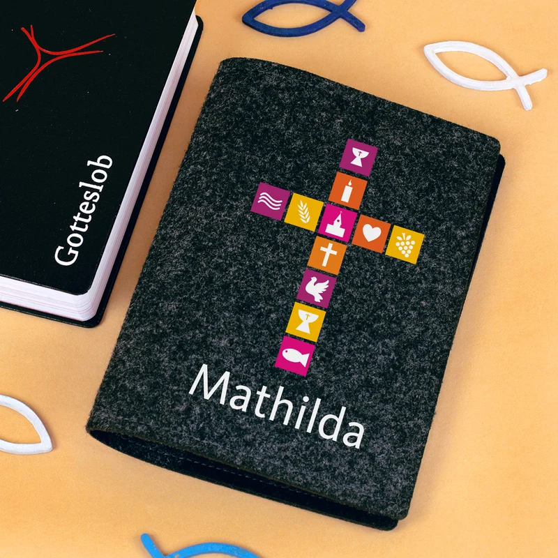 Personalisierte Buchhülle für Gotteslob & Gesangbuch mit Kreuz und Name | Geschenk für Mädchen und Frauen