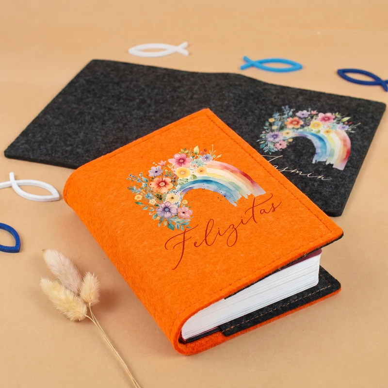 Buchhülle für Gotteslob & Gesangbuch mit Regenbogen Motiv und Name personalisiert | Anthrazit o. Orange