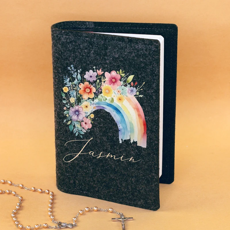 Buchhülle für Gotteslob & Gesangbuch mit Regenbogen Motiv und Name personalisiert | Anthrazit o. Orange