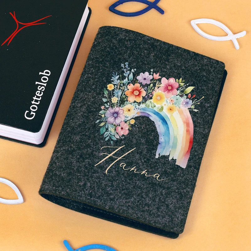 Buchhülle für Gotteslob & Gesangbuch mit Regenbogen Motiv und Name personalisiert | Anthrazit o. Orange