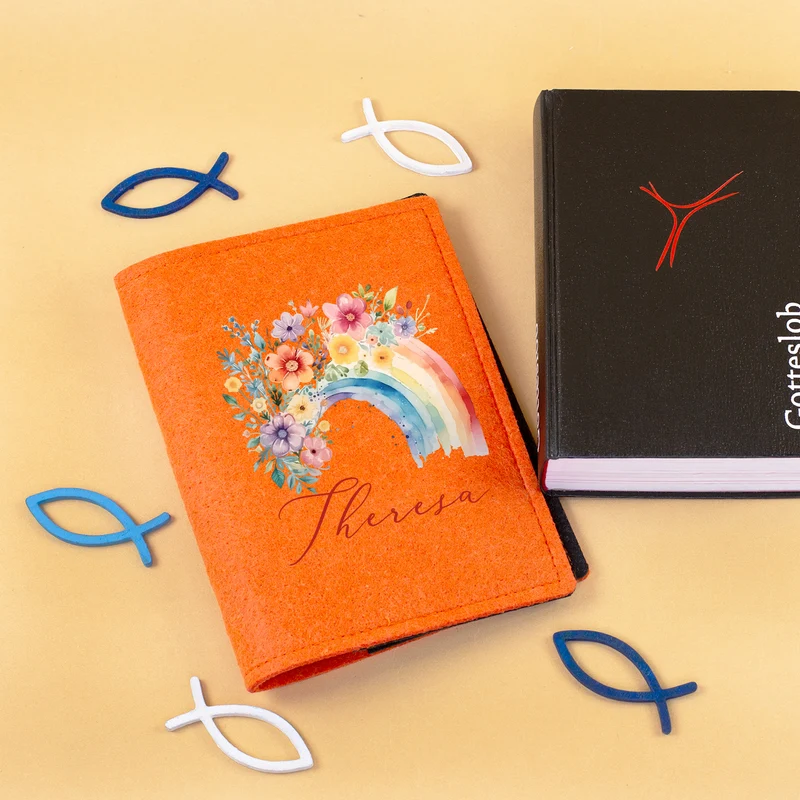 Buchhülle für Gotteslob & Gesangbuch mit Regenbogen Motiv und Name personalisiert | Anthrazit o. Orange