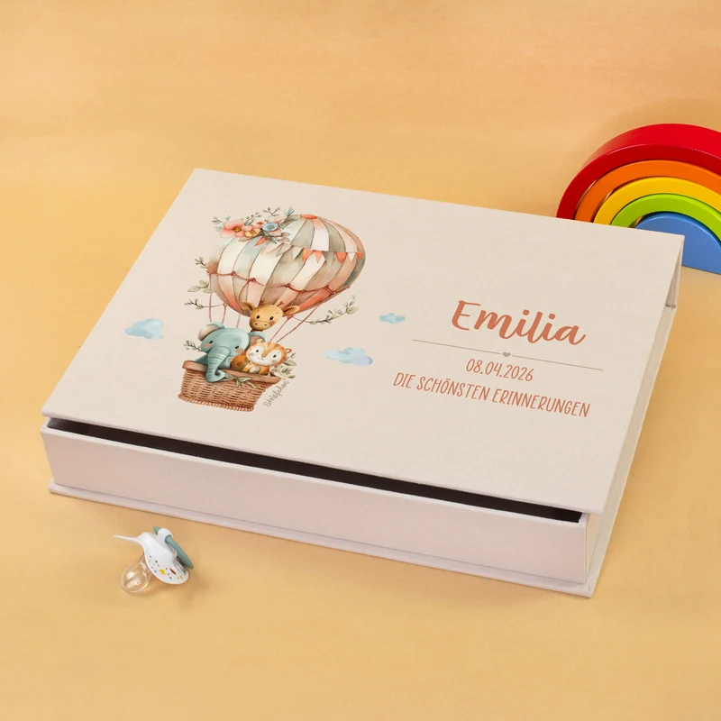Personalisierte Erinnerungsbox als Geschenk zur Geburt mit Heißluftballon & Tier Motiv | Fotobox