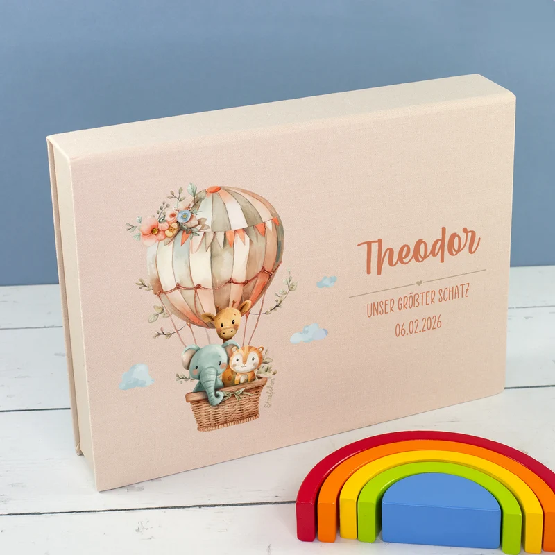 Personalisierte Erinnerungsbox als Geschenk zur Geburt mit Heißluftballon & Tier Motiv | Fotobox