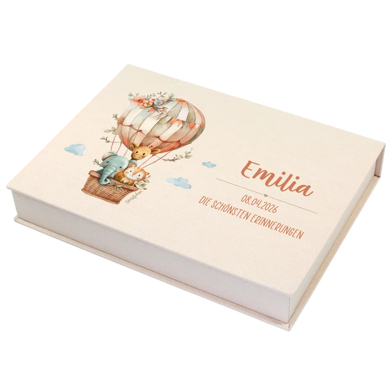 Personalisierte Erinnerungsbox als Geschenk zur Geburt mit Heißluftballon & Tier Motiv | Fotobox