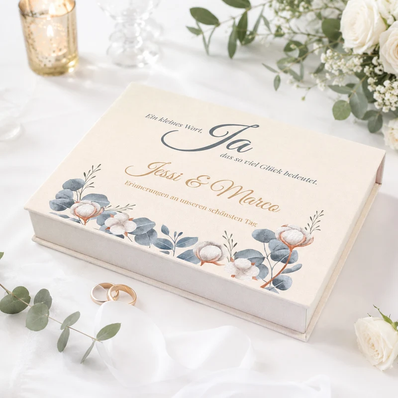 Erinnerungsbox zur Hochzeit personalisiert und handgefertigt | Fotobox in Buch Form mit Eukalyptus Motiv