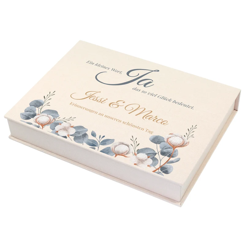 Erinnerungsbox zur Hochzeit personalisiert und handgefertigt | Fotobox in Buch Form mit Eukalyptus Motiv