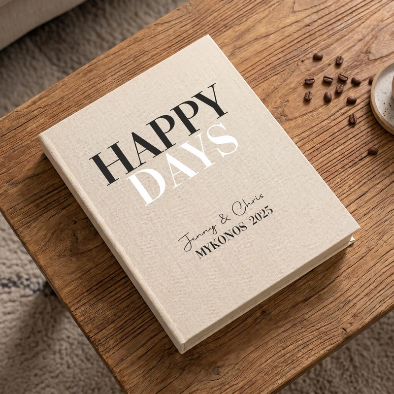 Personalisierte Erinnerungsbox Happy Days | Handgearbeitet Fotobox in Buchform für Hochzeit & Familie