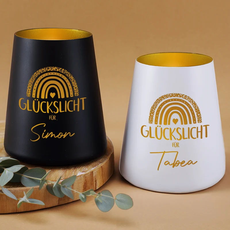 Glückslicht mit Regenbogen & Name personalisiert als Geschenk | Deko Windlicht mit Gravur u. Farbwahl