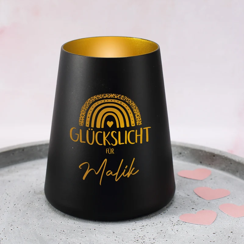 Glückslicht mit Regenbogen & Name personalisiert als Geschenk | Deko Windlicht mit Gravur u. Farbwahl