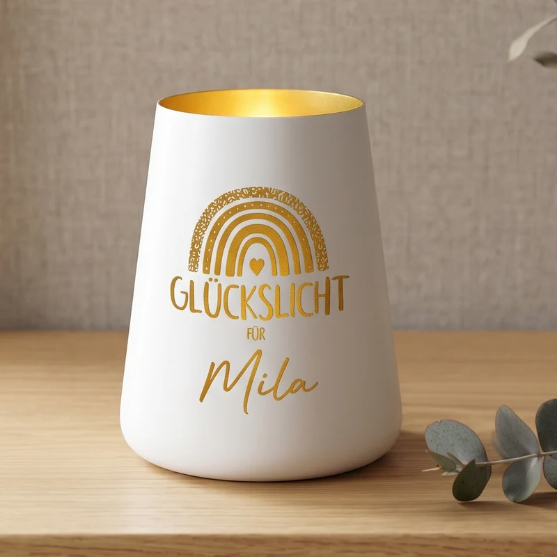 Glückslicht mit Regenbogen & Name personalisiert als Geschenk | Deko Windlicht mit Gravur u. Farbwahl