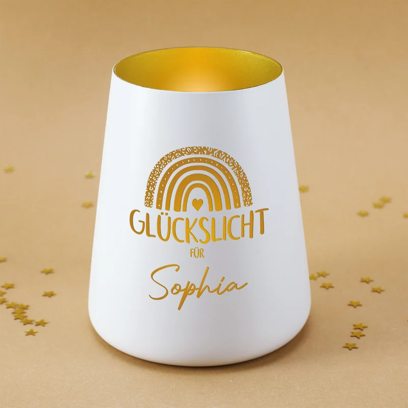 Glückslicht mit Regenbogen & Name personalisiert als Geschenk | Deko Windlicht mit Gravur u. Farbwahl