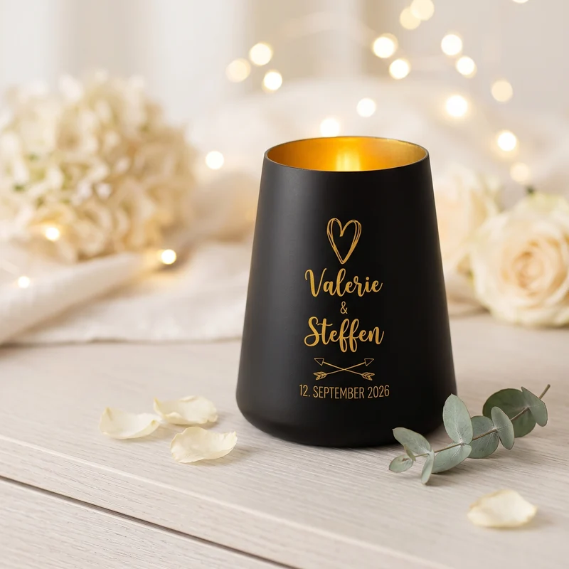 Windlicht zur Hochzeit personalisiert mit Namen & Datum | Deko Licht in Weiß oder Schwarz für Paare